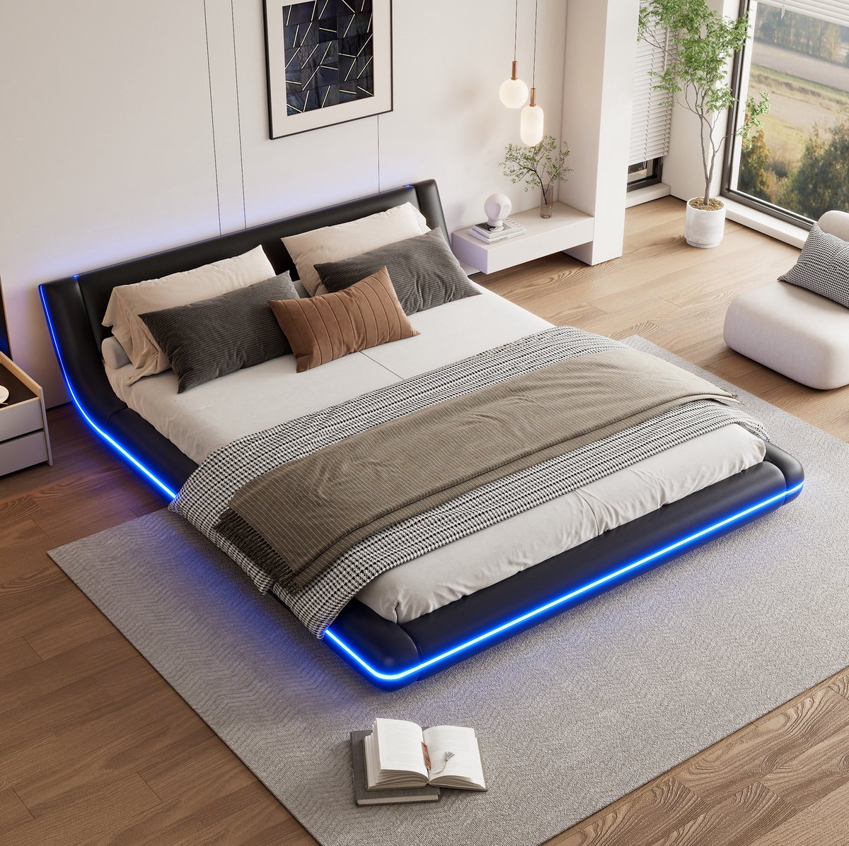 MEUNIQ Bodenbed 160 x 200 cm met app-geregelde LED-verlichting, PU en MDF, platformbed voor slaapkamer, zwart