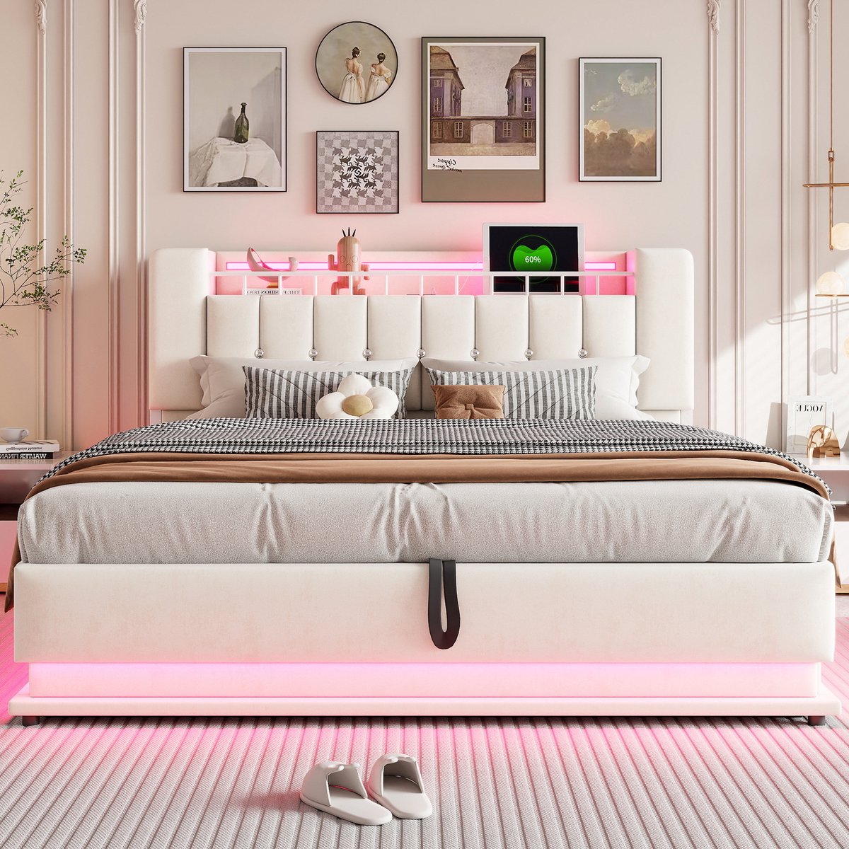 MEUNIQ gestoffeerd bed 180 x 200 cm met LED-verlichting, USB-aansluitingen, opbergruimte in hoofdbord en hydraulische bedkast, tweepersoons bed voor slaapkamer, beige