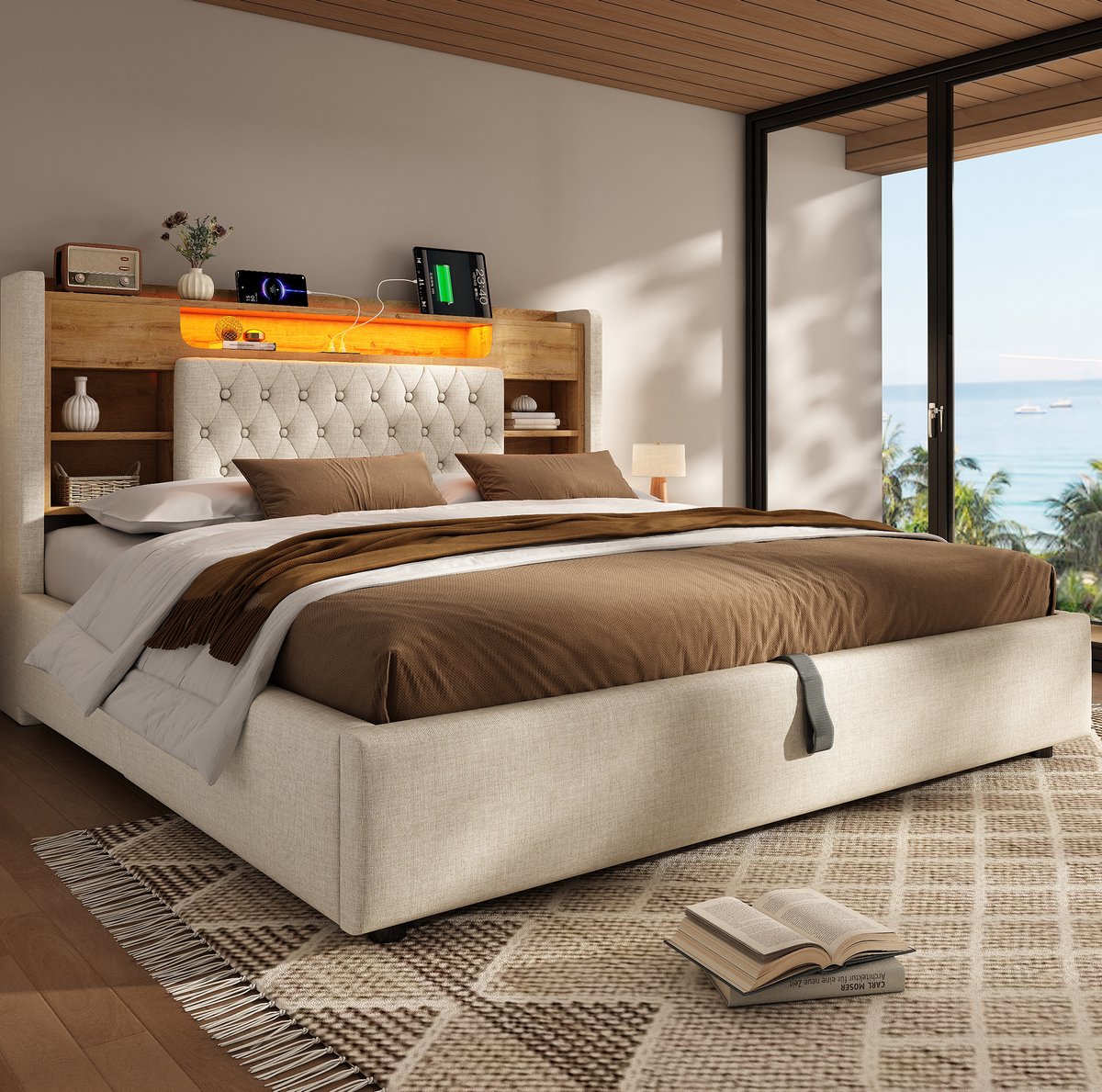 MEUNIQ gestoffeerd bed 180x200 cm met hydraulische opbergruimte, LED-verlichting, USB en USB-C, hoofdbord met plank en opbergruimte, tweepersoons bed Beige