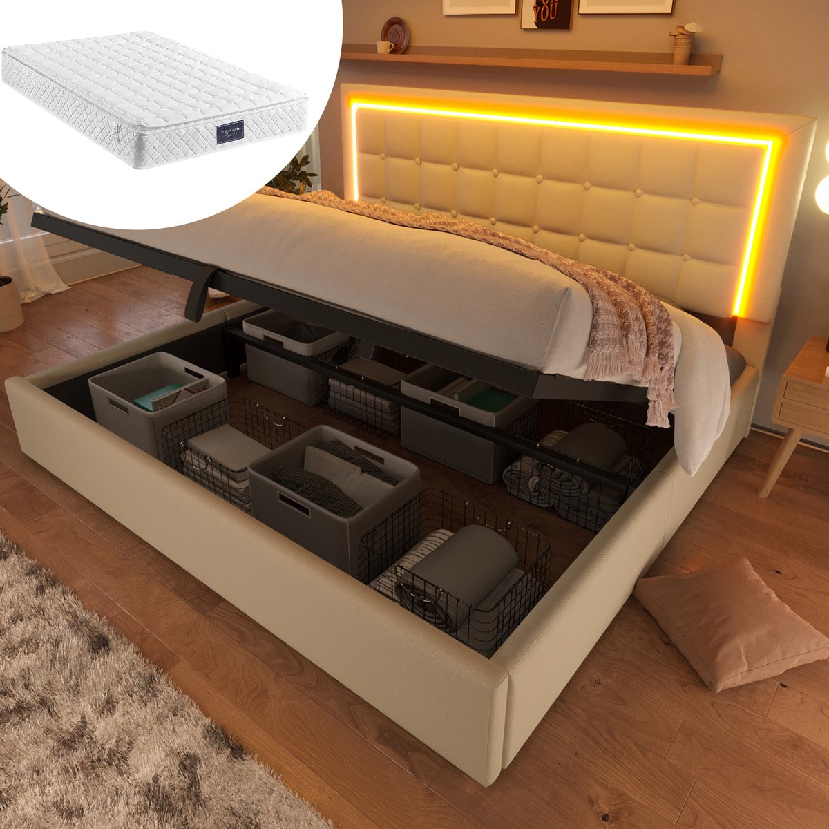 MEUNIQ tweepersoons opbergbed 140x200 cm met matras, lattenbodem en LED-verlichting, gestoffeerd bed van kunstleer met hydraulische opbergruimte, wit