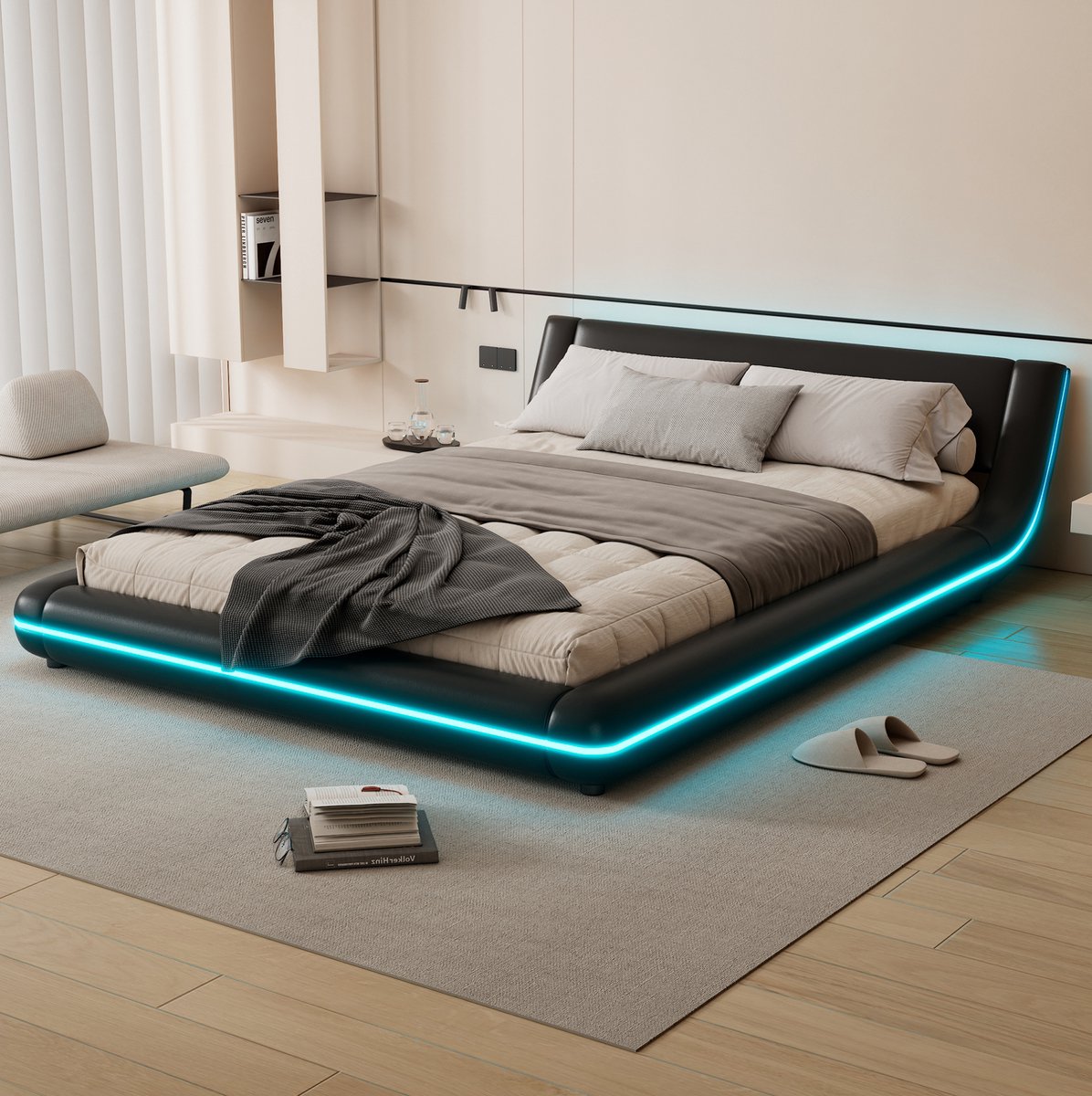 MEUNIQ normaal bed 140x200 cm met LED-verlichting en lattenbodem, vloerbed van kunstleer en MDF, tweepersoons bedframe voor slaapkamer, zwart