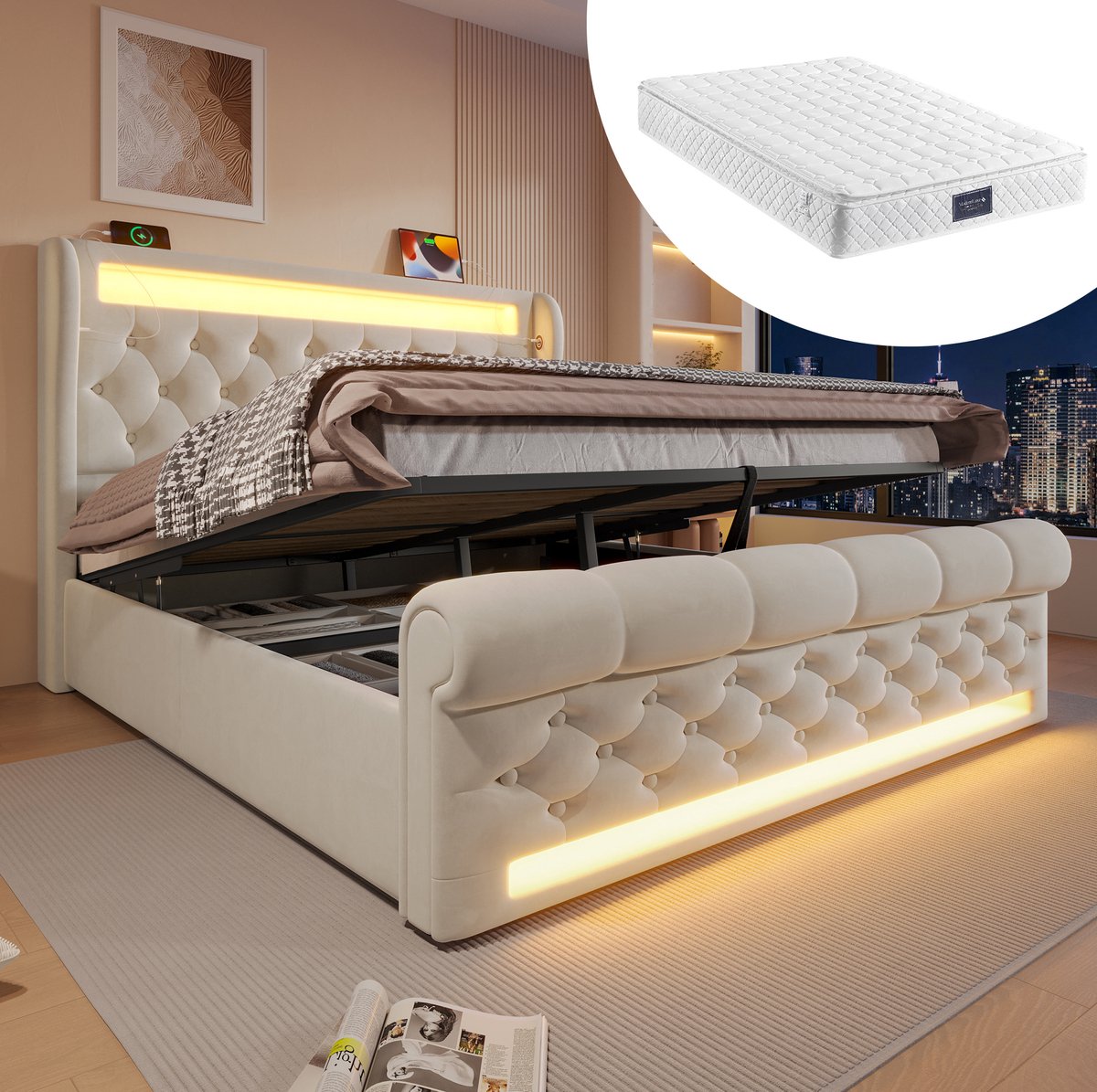 MEUNIQ Tweepersoons gestoffeerd bed 160x200 cm met matras, LED-verlichting, hydraulische opbergruimte, USB en Type-C, beige fluwelen bed voor slaapkamer