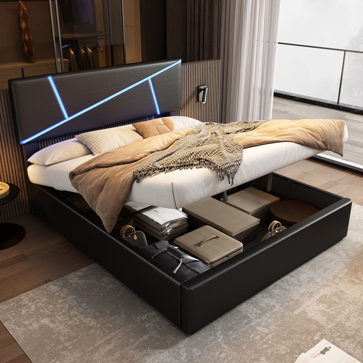 MEUNIQ tweepersoons bed 140x200 cm met LED-verlichting, hydraulische opbergruimte, lattenbodem en gestoffeerd hoofdbord, zwart kunstleer, slaapkamer