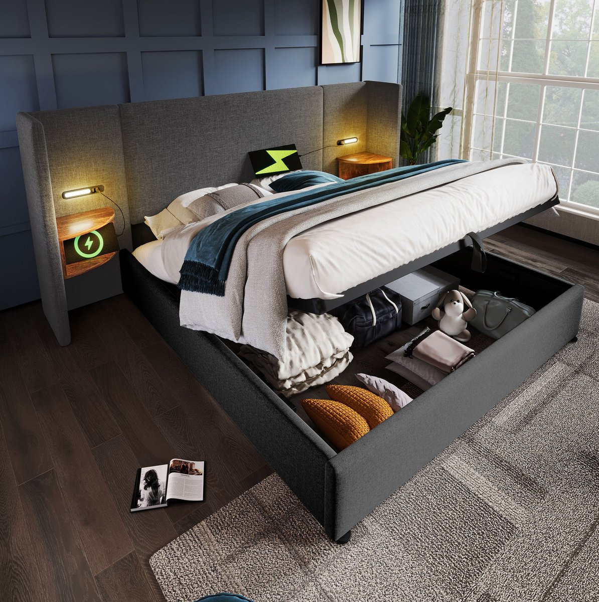 MEUNIQ gestoffeerd tweepersoons bed 160x200 met opbergruimte, leeslampen, USB en Type-C, l