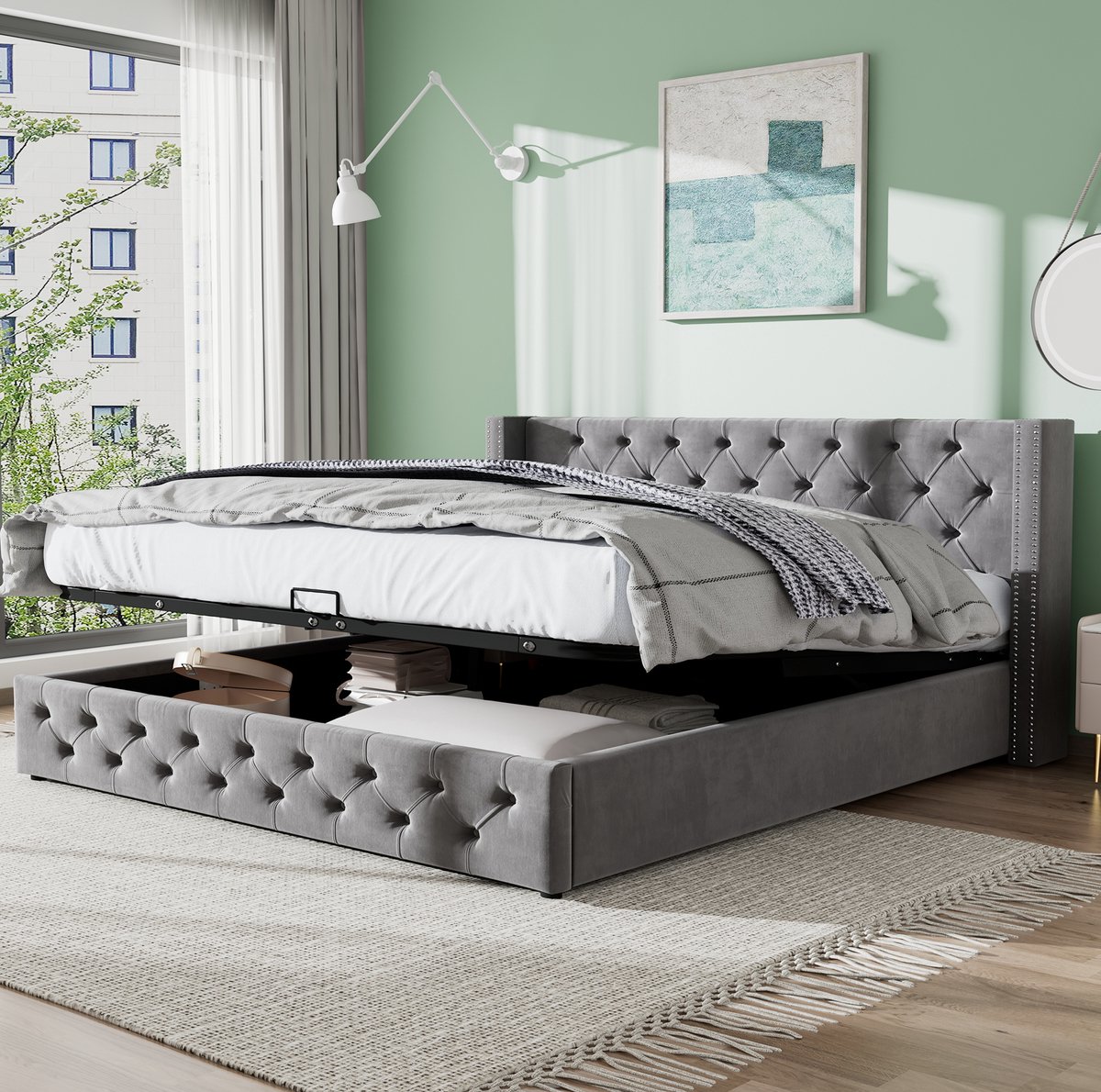 MEUNIQ gestoffeerd tweepersoons opbergbed 140x200 cm met hydraulische opbergruimte, lattenbodem, hoog hoofdbord en knoopstiksel voor slaapkamer, grijs