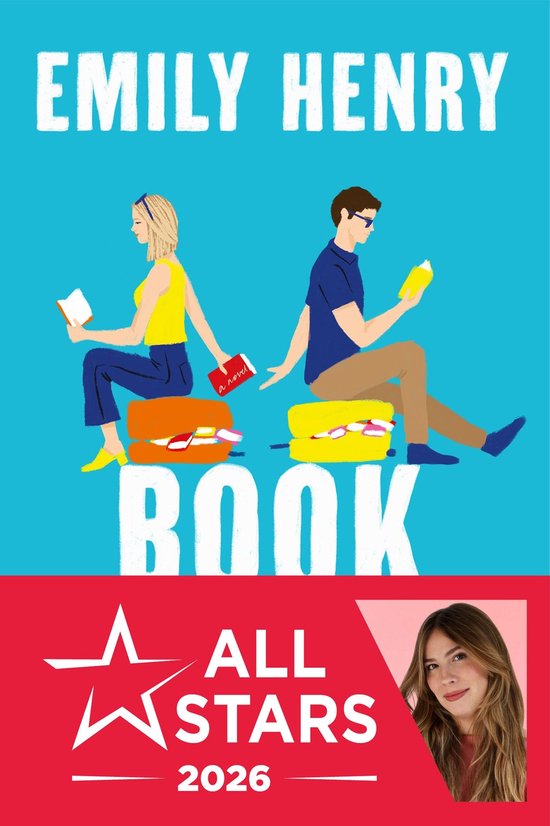 Emily Henry's 'Book Lovers', een roman, met twee personen op koffers, die lezen.