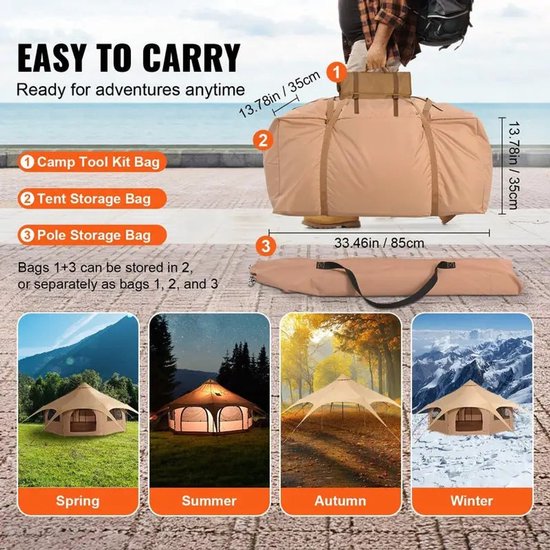 Joorly 8 Persoons Kampeertent - 500x280cm - Glamping Tent - 4 Seizoenen - Yurt Tent - Tent met Kachelaansluiting - Gezinstent - Ademende Canvas Tent - Beige — afbeelding 3