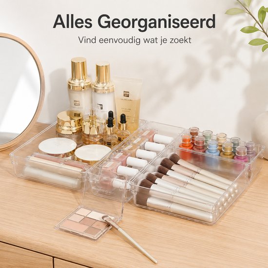 Transparante lade-organizer met make-up kwasten, crèmes en oogschaduw.