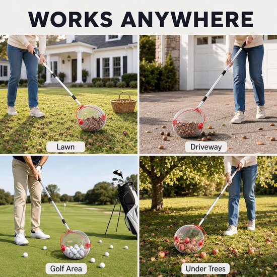 Eikelraper - Fruitverzamelaar - Golfbalverzamelaar - Uitschuifbare Handgreep - Flexibele Roestvrijstalen Draadrollen - Inclusief Opbergtas - Tuingereedschap — afbeelding 4