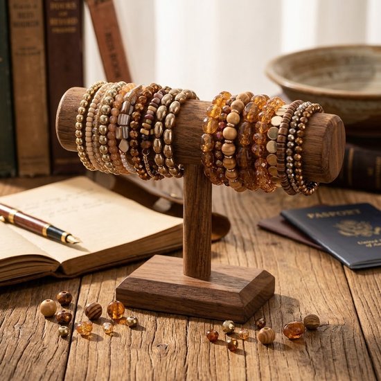 Set van 18 bruine, beige en goudkleurige armbanden met kralen, gepresenteerd op een houten standaard.