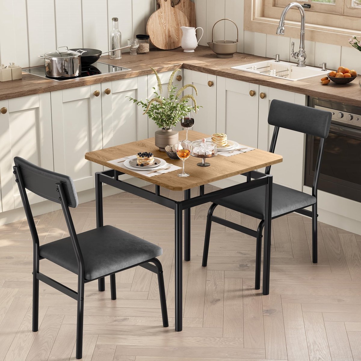 Eettafel Stoel Set 3-delig - 74x74x76cm - Vierkante Keukentafel met 2 Beklede Stoelen - Industrieel Metalen Frame - Voor Eetkamer Woonkamer en Appartement - Zwart + Bruin