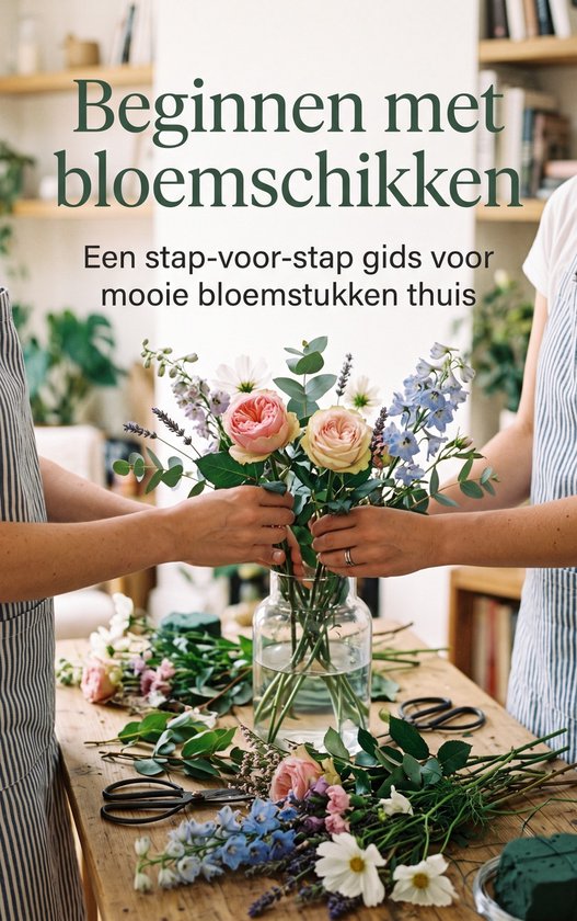 Twee personen schikken een boeket roze en witte rozen, delphiniums en lavendel in een glazen vaas.