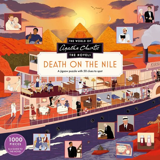 Couverture du puzzle 'Death on the Nile', avec le Nil, des pyramides et un bateau plein de monde. Contient 1000 pièces.