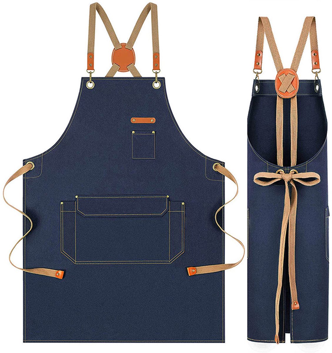 Donkerblauw canvas kappersschort met leren accenten en kruisbanden op de rug, meerdere opbergvakken voor salon barista en ambachtelijk werk
