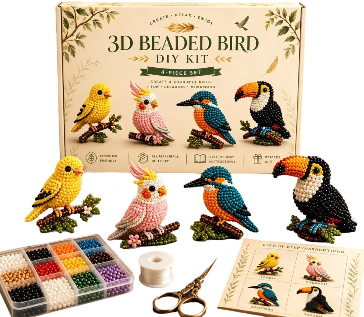 Kraftverdia® DIY 3D Tiny Beaded Bird Kit, 4-Pack Canary Cockatiel Kingfisher Toucan Pearl Beads Mosaic Art Embroidery Kits for Adults and Beginners, Arts and Crafts Stand Up Tabletop Decor Gift