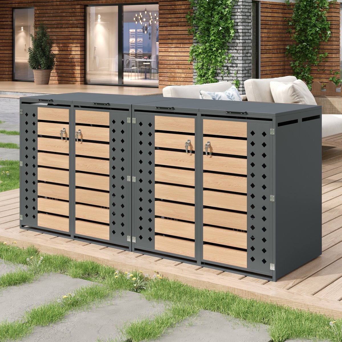 MIVRAY Afvalcontainerkast Met Hydraulisch Klapdeksel 4-Vaks Verzinkt Staal Grijs Houtlook Voor Tuin En Buitenruimtes Met Slot