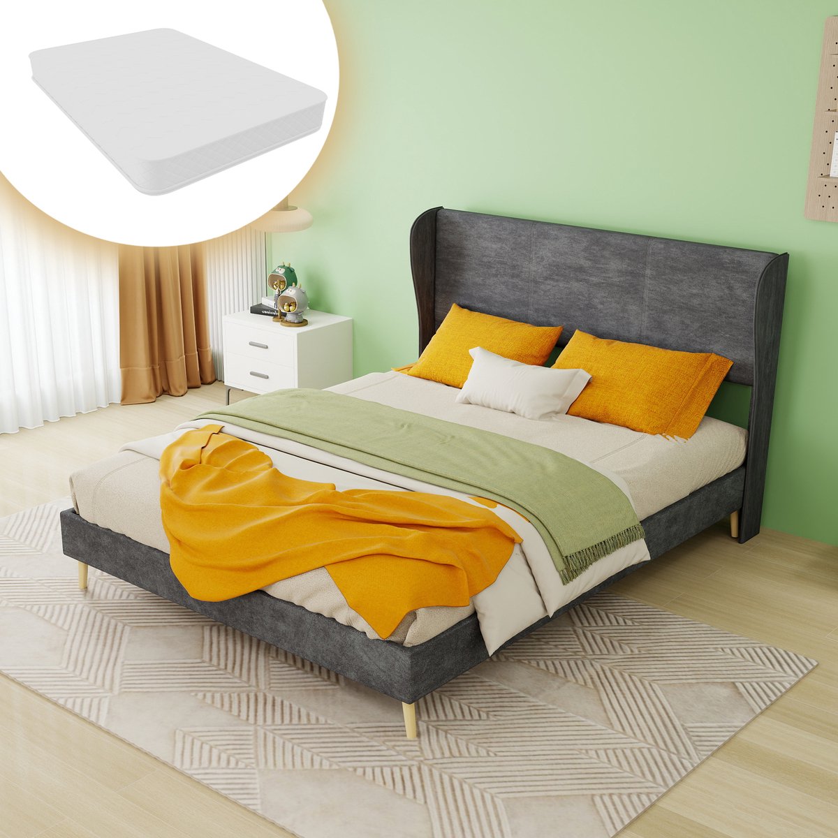 COVREO Bed 140x200 cm grijs, gestoffeerd hoofdbord, zonder boxspring