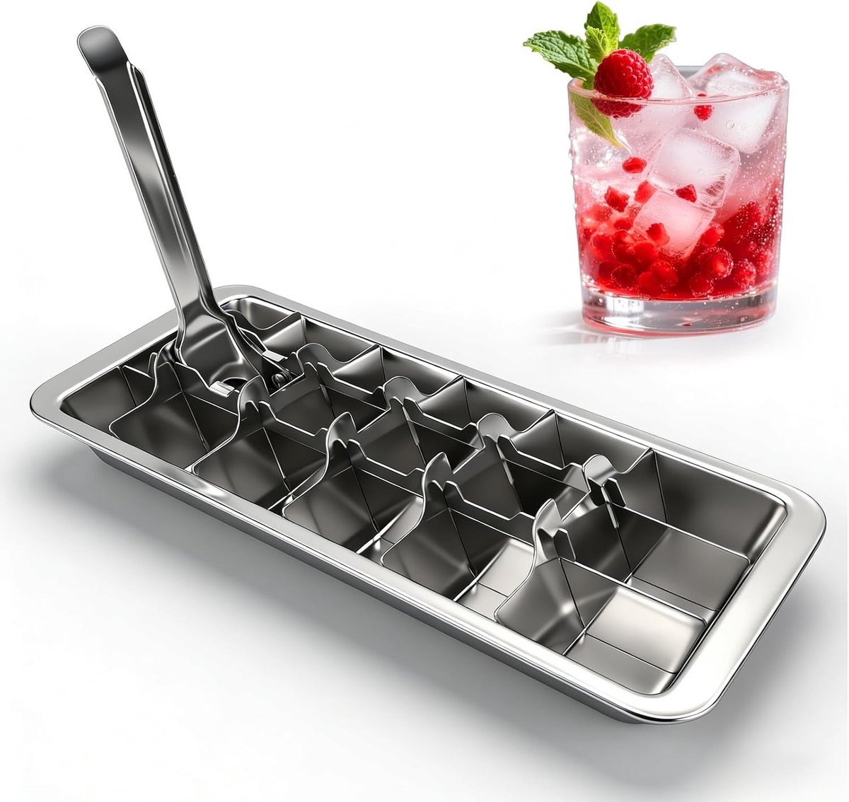 IJsblokjesvorm - Zilver - 28,5 x 12 x 3 cm - Roestvrijstalen IJsblokjeshouder met Hefboom - Voor Cocktails en Dranken