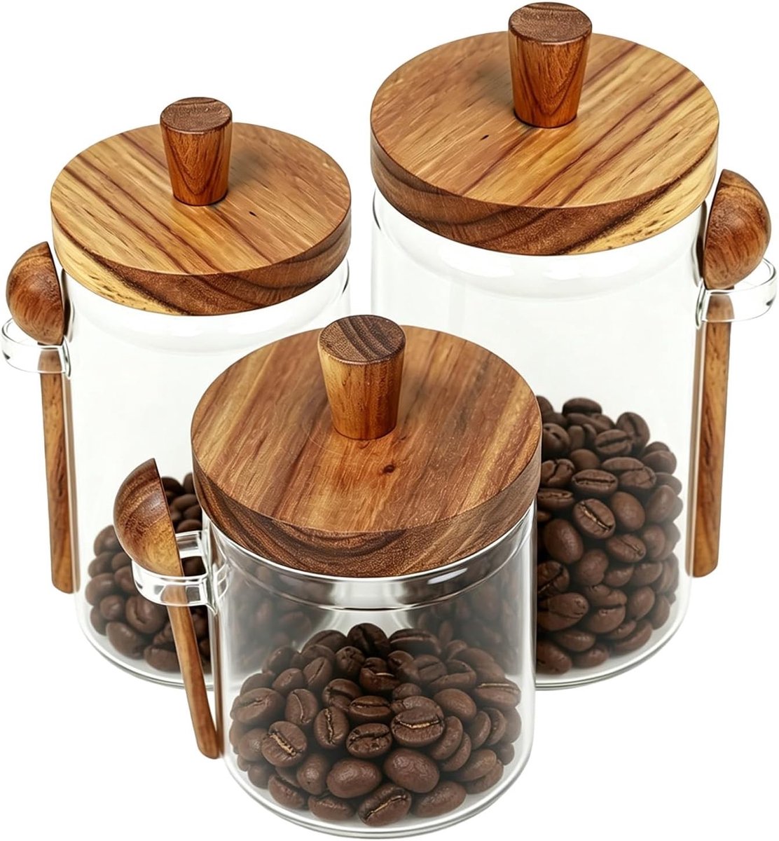 Set van 3 Glazen Potten met Deksel en Houten Lepel, Luchtdicht voor Koffie, Thee, Specerijen en Noten, 400 ml, 600 ml, 900 ml