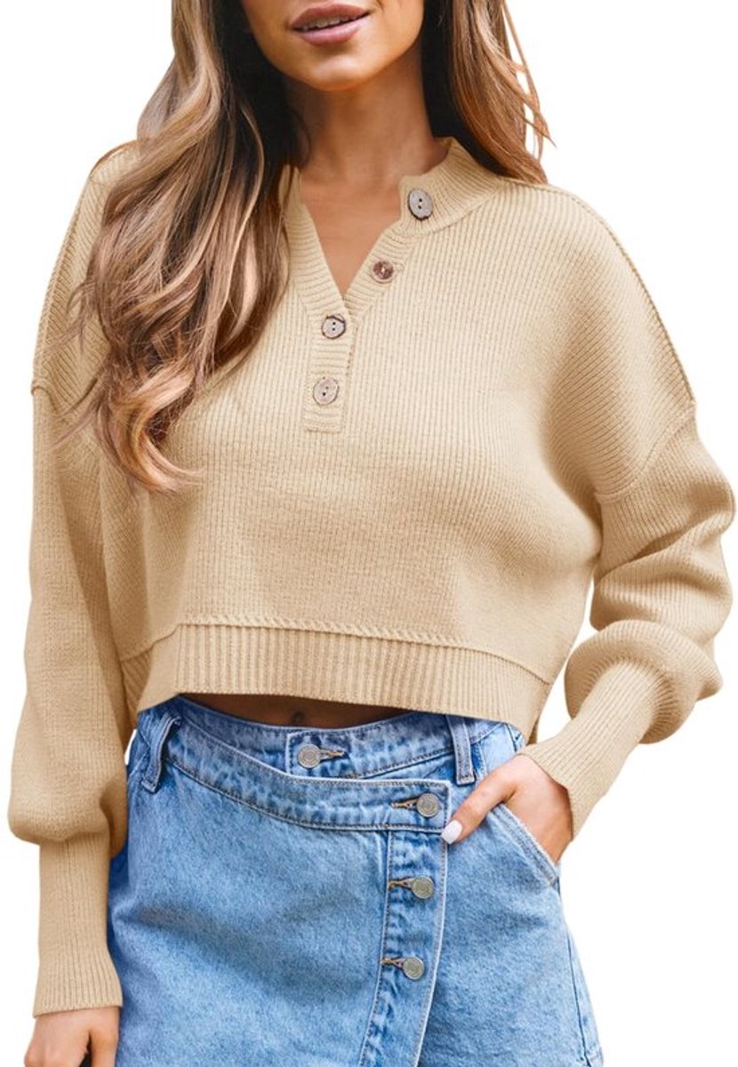 Damestrui Oversized - Dames Trui Lange Mouw - V-hals - Casual Gebreide Top - Elegante Lantaarnmouwen - Zachte Mix Materiaal