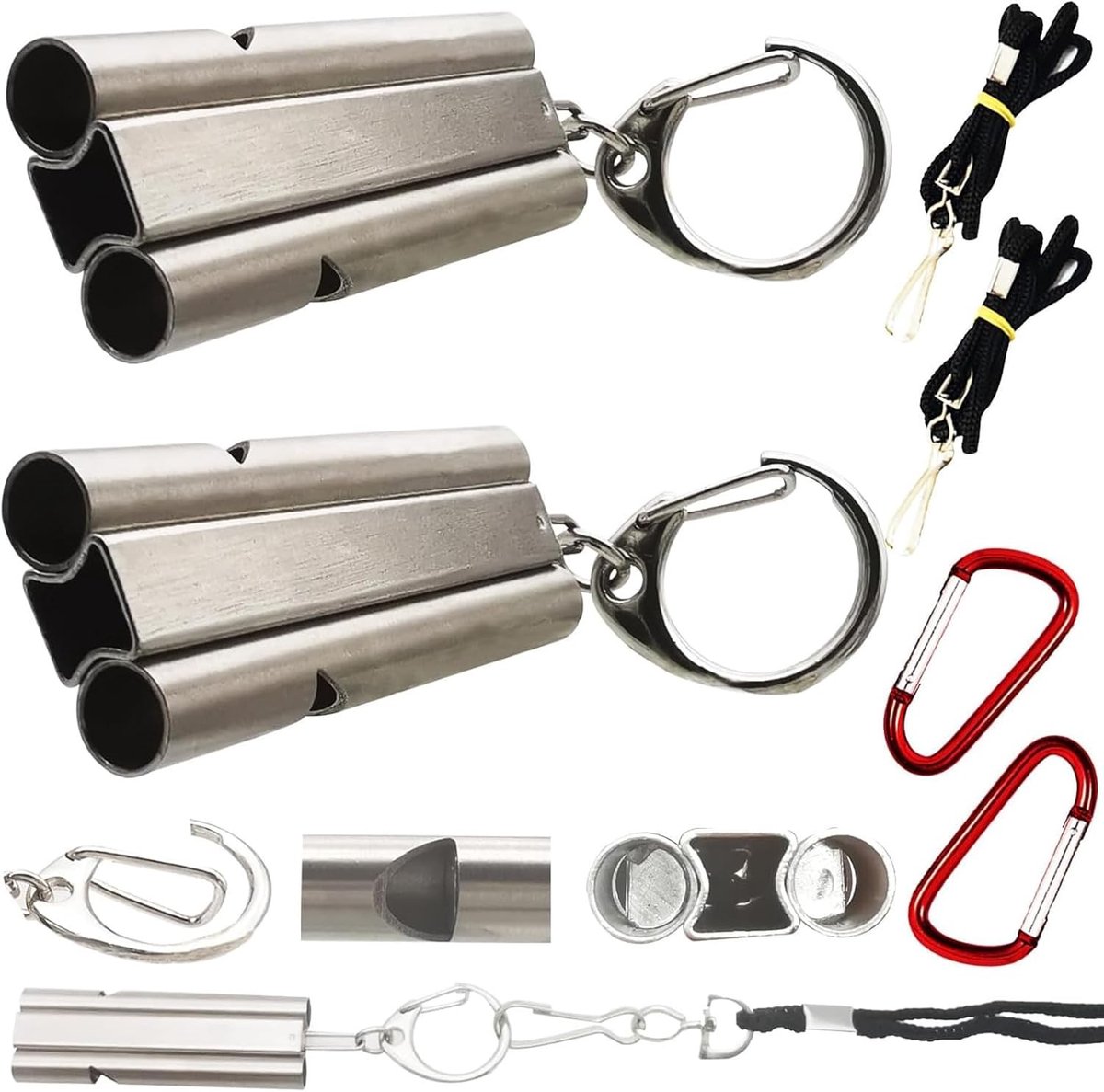 Noodpakket - Nood-survivalfluitje - Zilver - 5,6 x 1,9 x 0,7 cm - Roestvrijstalen Dubbele Buizen - Voor Outdoor en Noodgevallen