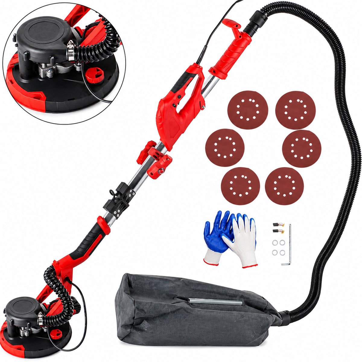 DPLUNIQ Gereedschap - Schuurmachine - Gips - Opvouwbaar - 800-1750RPM - Telescoophandvat - 850W - 6 Standen - 2M slang - Rood