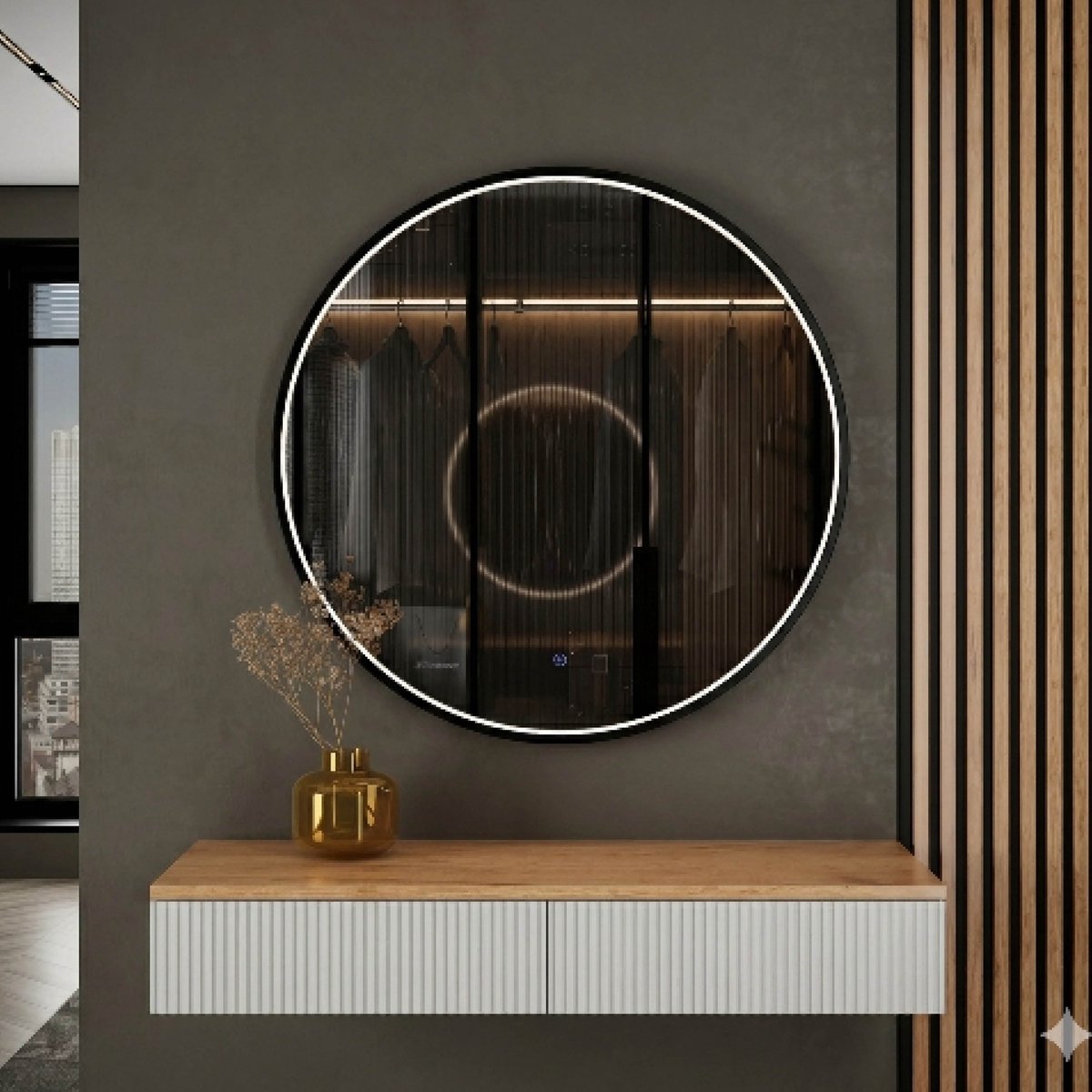Planetmöbel AMYRA Wandconsole 100 cm – Goud Eiken/Wit – VELUNA LED Spiegel 80 cm – Dimbaar – 3 Lichtkleuren