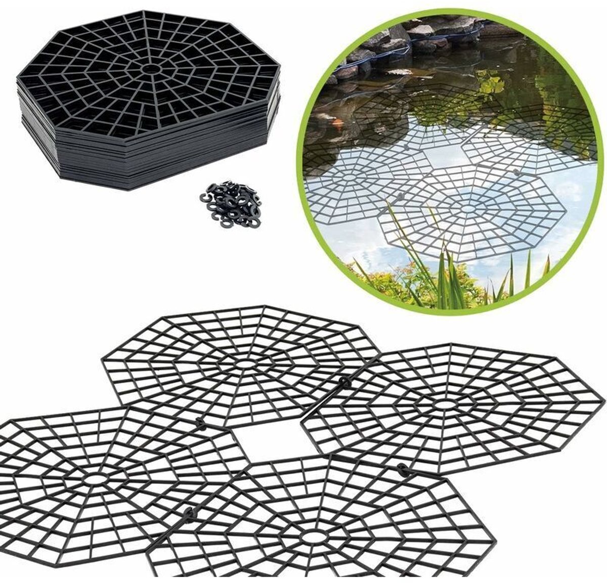 Vijverveiligheidsnet – Verpakking van 20 zeshoekige plastic netten – Afmetingen: 26,5 x 31,5 x 0,3 cm – Voorkomt dat vogels en roofdieren de vijver binnenkomen.
