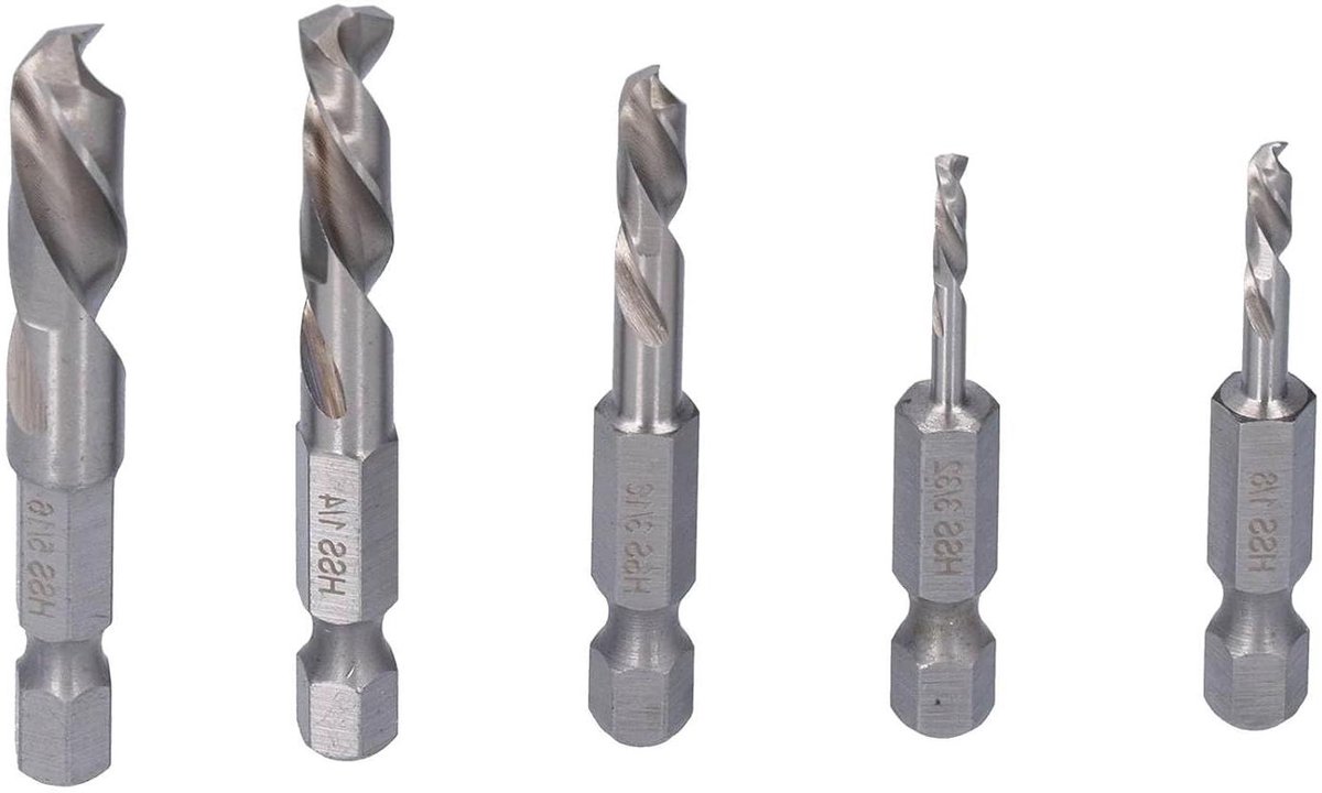 Houtbewerkingsborenset - Zeskantboorhouder Korte boren - Houtbewerking - Hogesterkte staal - 5 stuks - Zilver