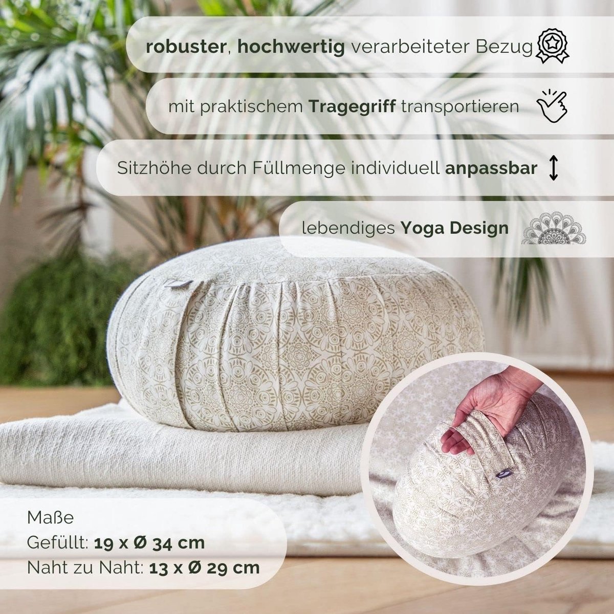 Bodhi Meditatiekussen ZAFU - Ø 34 cm - Maharaja Collectie - Yogakussen met uitrekkende plooien en draaggreep - Overtrek van 100% katoen - Zitkussen met bio-dinkelvulling - Madurai - Ecru