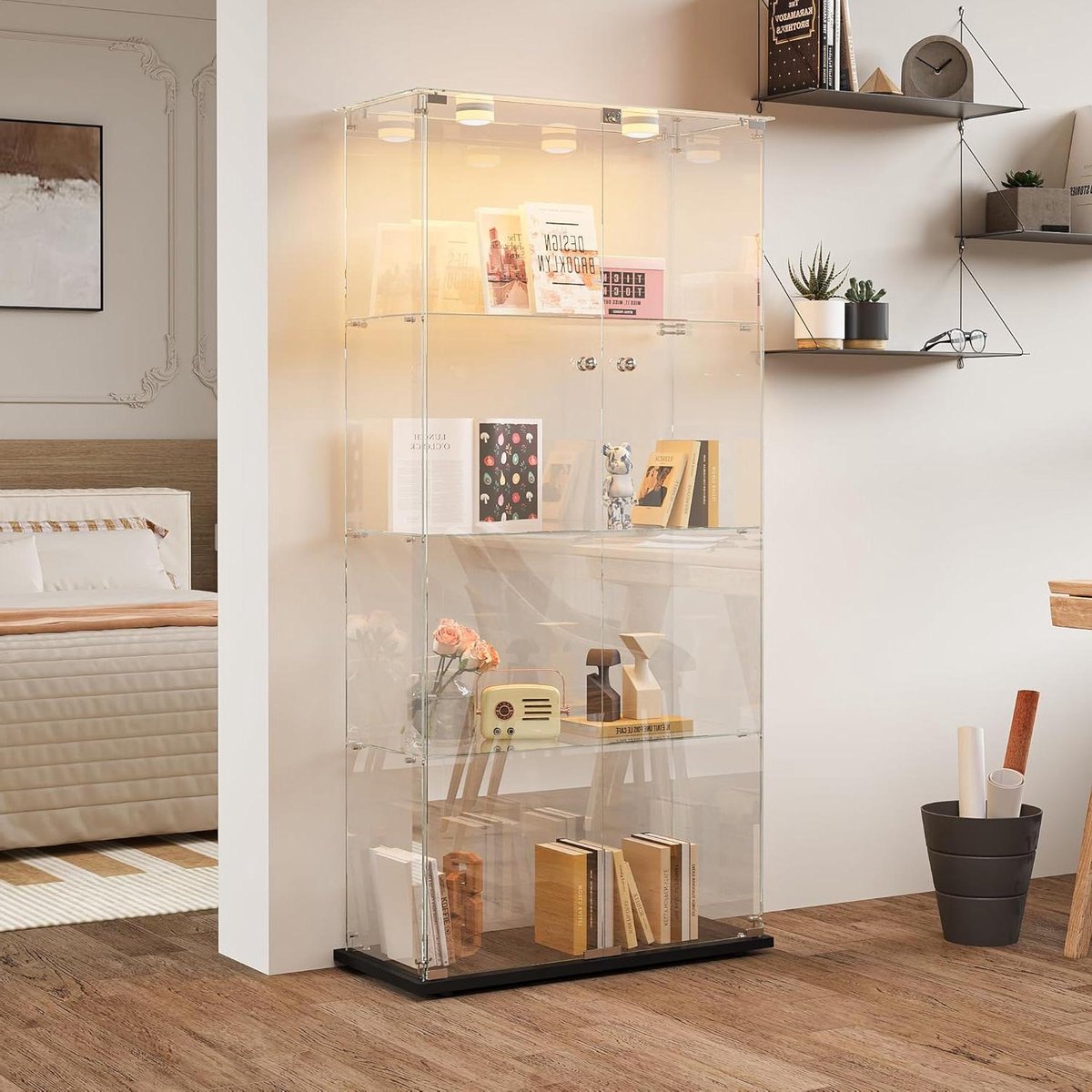 Glazen Vitrinekast - Verzameling Kast - Collecties Tonen - Multi-kleur LED - 4 etages - Zwart