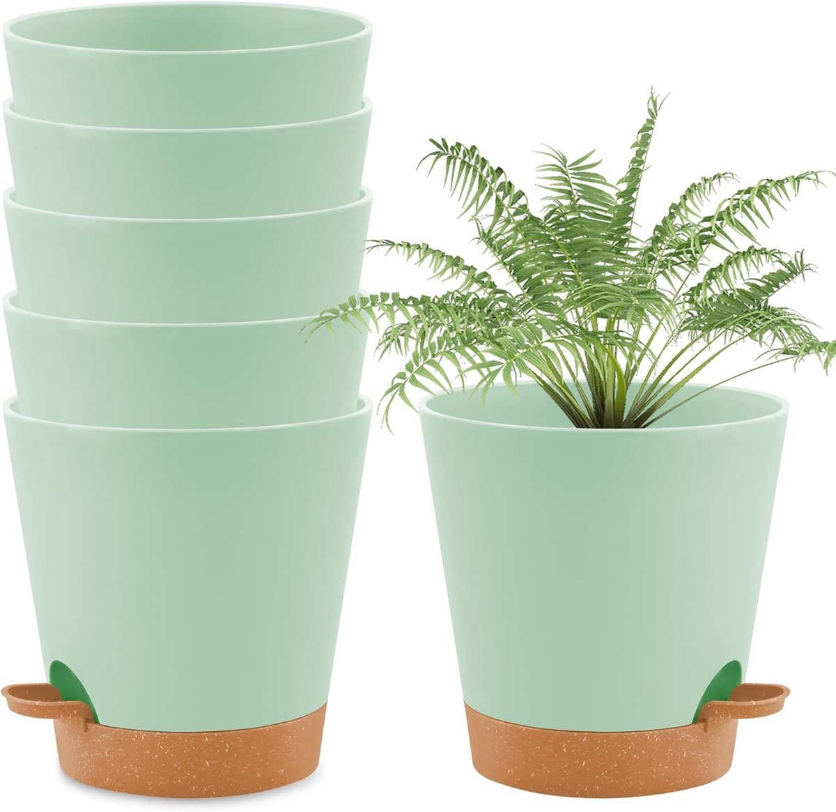 Set van 6 Zelfwaterende Plantenpotten met Schotel, Ideaal voor Binnen en Balkon, Geschikt voor Vetplanten en Tuinplanten (20 cm Groen)