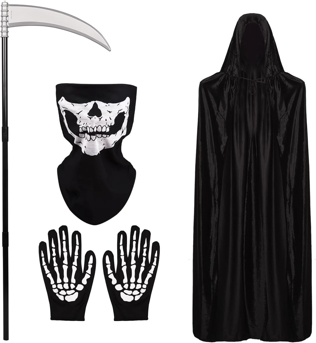 Grim Reaper Kostuum met 4-delige Set: Cloak, Skeletmasker, Handschoenen en Zeis voor Halloween Feestkleding