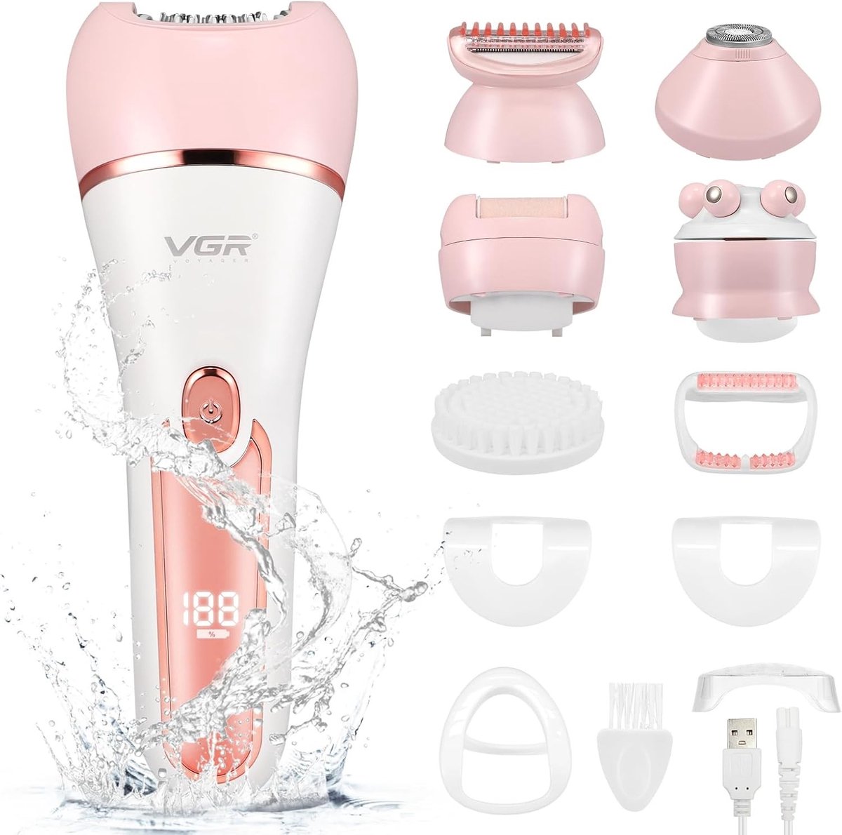 Epilator - Roze - 6-in-1 Draadloze Gezichts- en Lichaamsontharing met Reinigings- en Massagekop - Voor Dames
