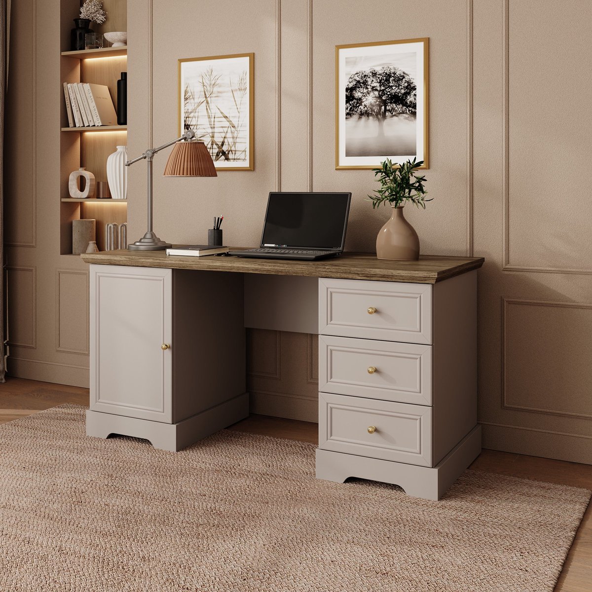 Meubella - Kresto - Bureau - Beige/Eikenpatroon - 145x57x72 cm