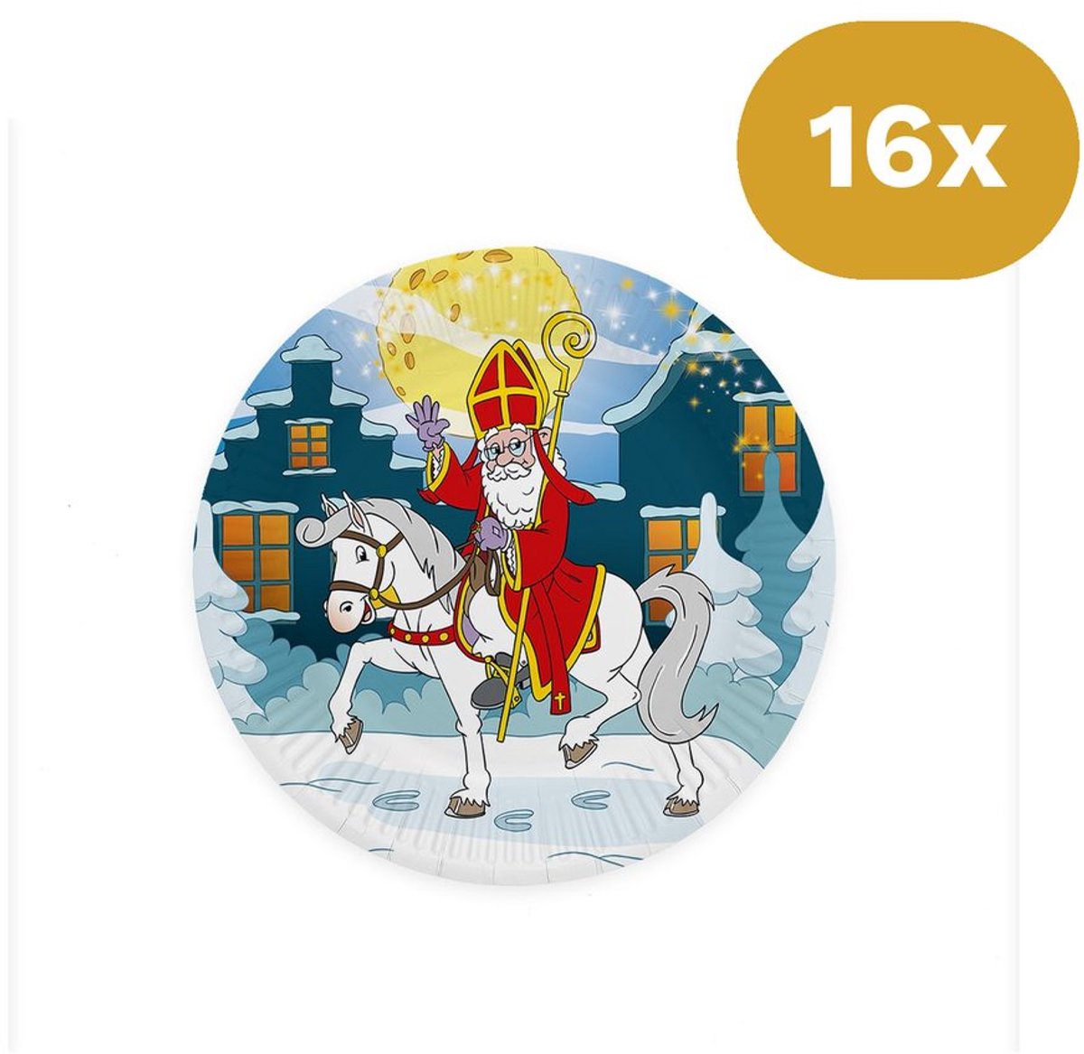 16x Sinterklaas Bordjes 23cm FSC - Papieren Feestbordjes Sint te Paard - Pakjesavond Tafelservies
