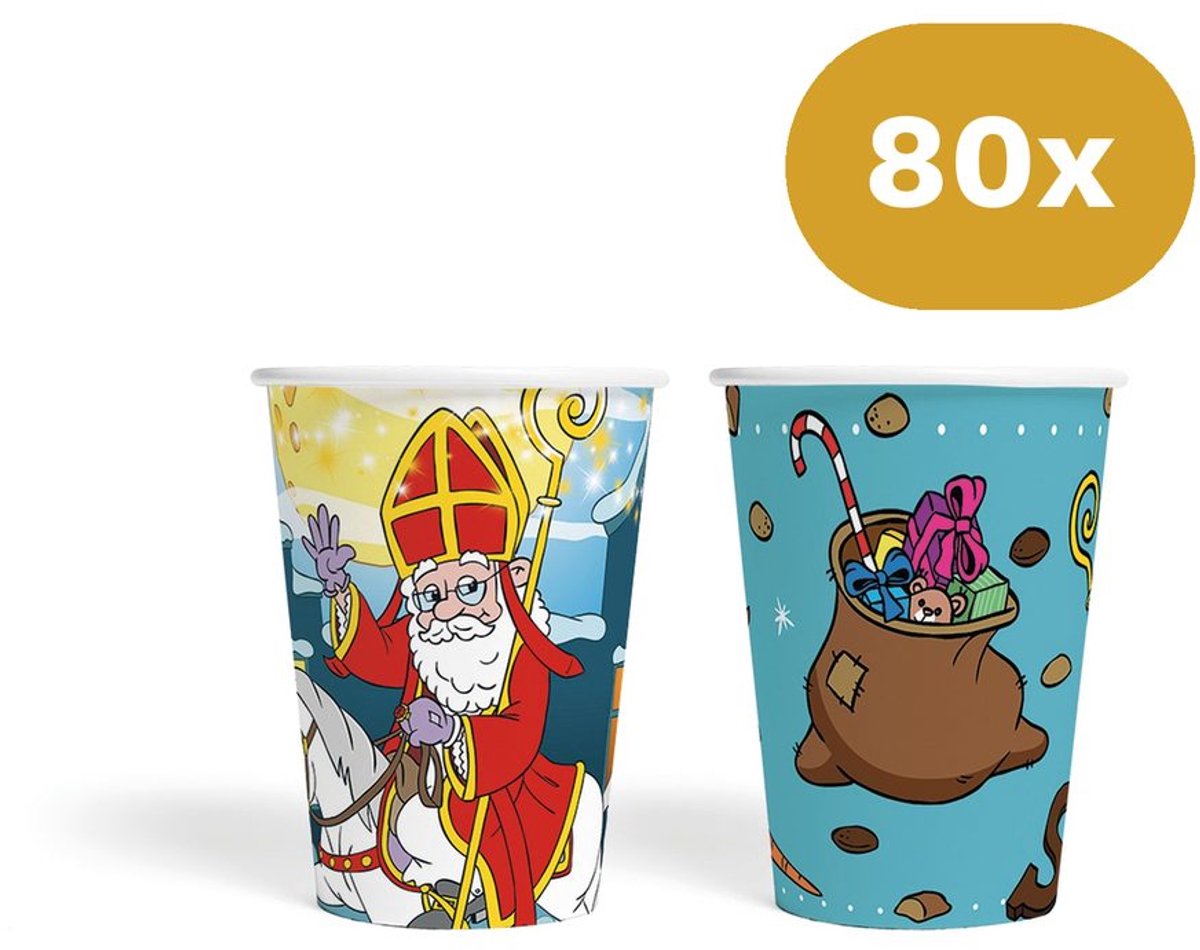 80x Sinterklaas Bekertjes 210ml FSC - Papieren Bekers Sint & Cadeauzak - Pakjesavond Tafelservies