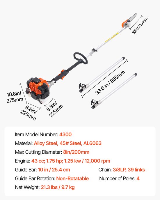 Benzine-Aangedreven Snoeizaag met Steel, 43cc 2-Taktmotor, Telescopische Zaag met Draaibare Kop, Uitschuifbare Steel van 2,11-3,61 m, Zaagblad van 25,4 cm, Brandstoftank van 850 ml, Ideaal voor Het Snoeien van Bomen — afbeelding 3