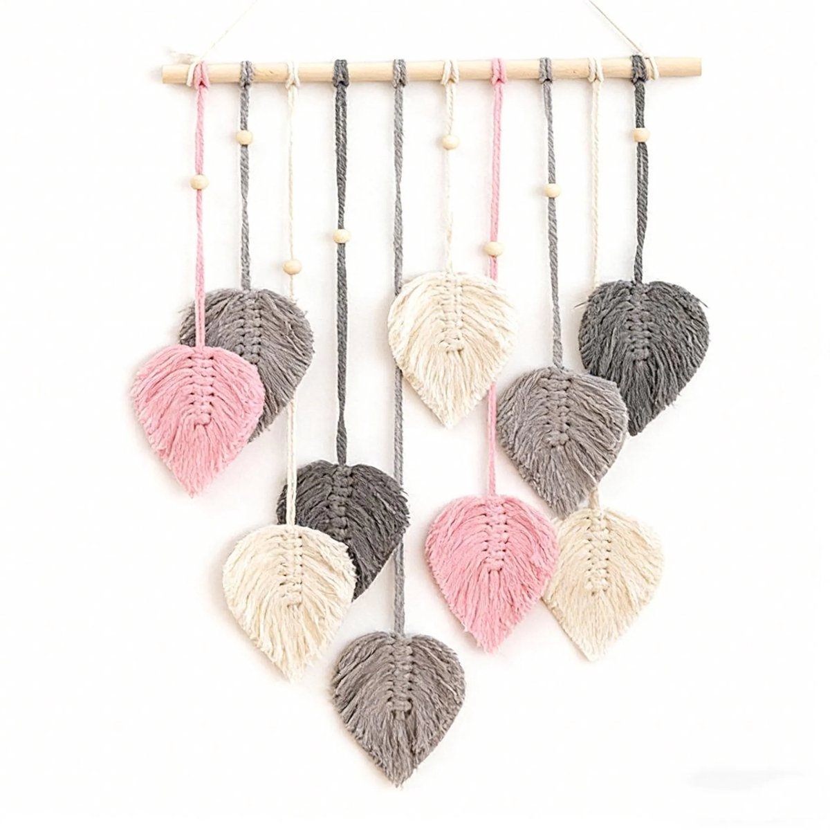 Casalora Macramé Wanddecoratie Blad – 60 x 40 cm – Boho Wandhanger – Geweven Katoenen Touw Muurdecoratie voor Woonkamer en Slaapkamer – Grijs Roze