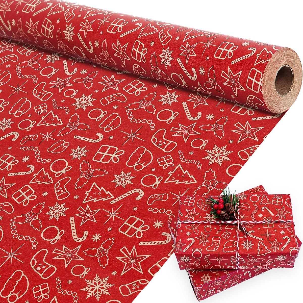 Kerstcadeaupapierrol - 43*300cm - Rood kraftpapier - Cadeaupapier - Geschikt voor Kerstmis - Unisex - Met kerstmotieven - Ideaal voor het inpakken van cadeaus, knutselen, kerstversieringen en doe-het-zelfprojecten - Rood