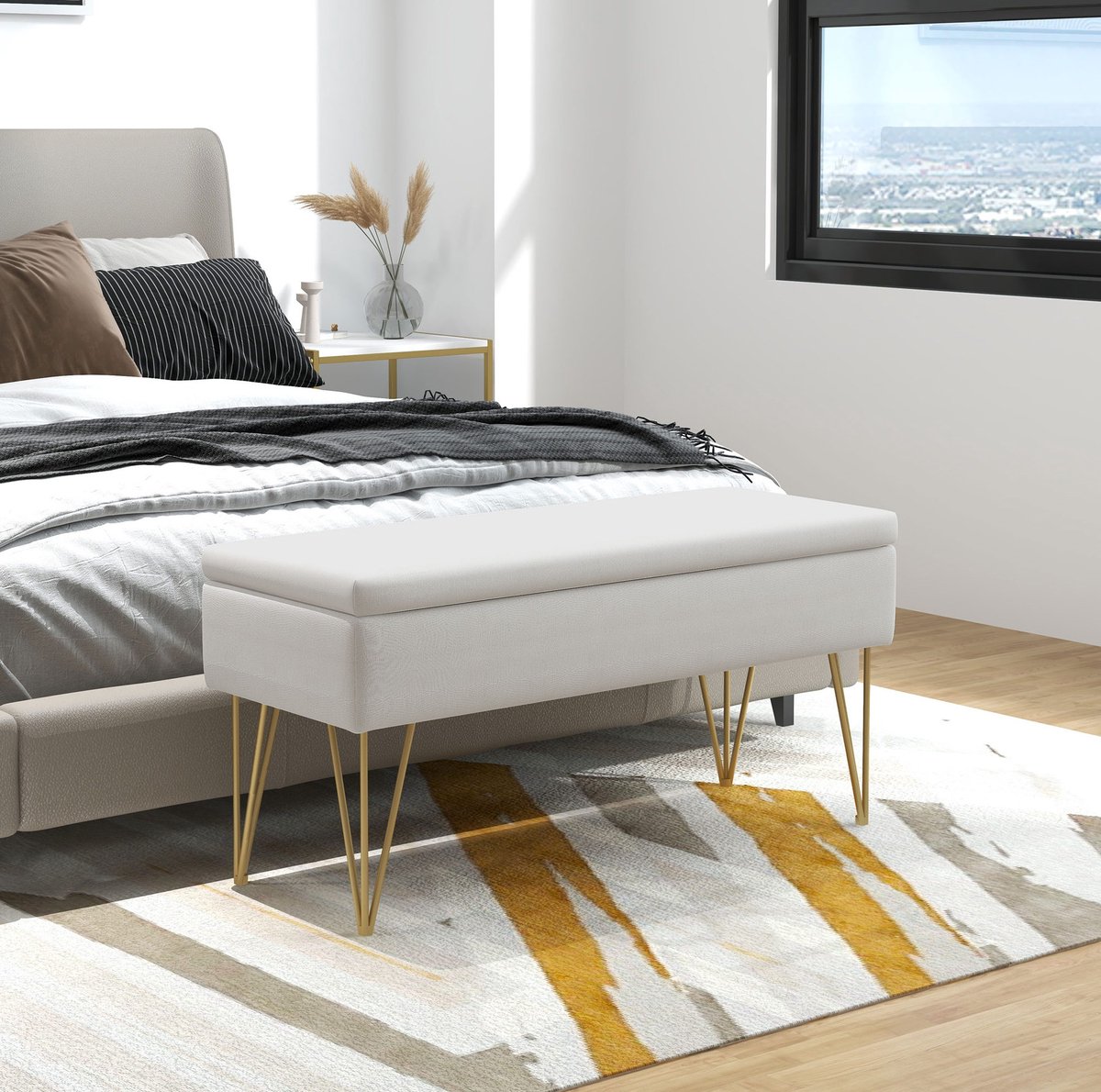 MIVRAY Bedbank – Met Opbergruimte – 100 x 40 x 49 cm – Polyester En Staal – Crèmewit – Voor Slaapkamer, Hal Of Woonkamer