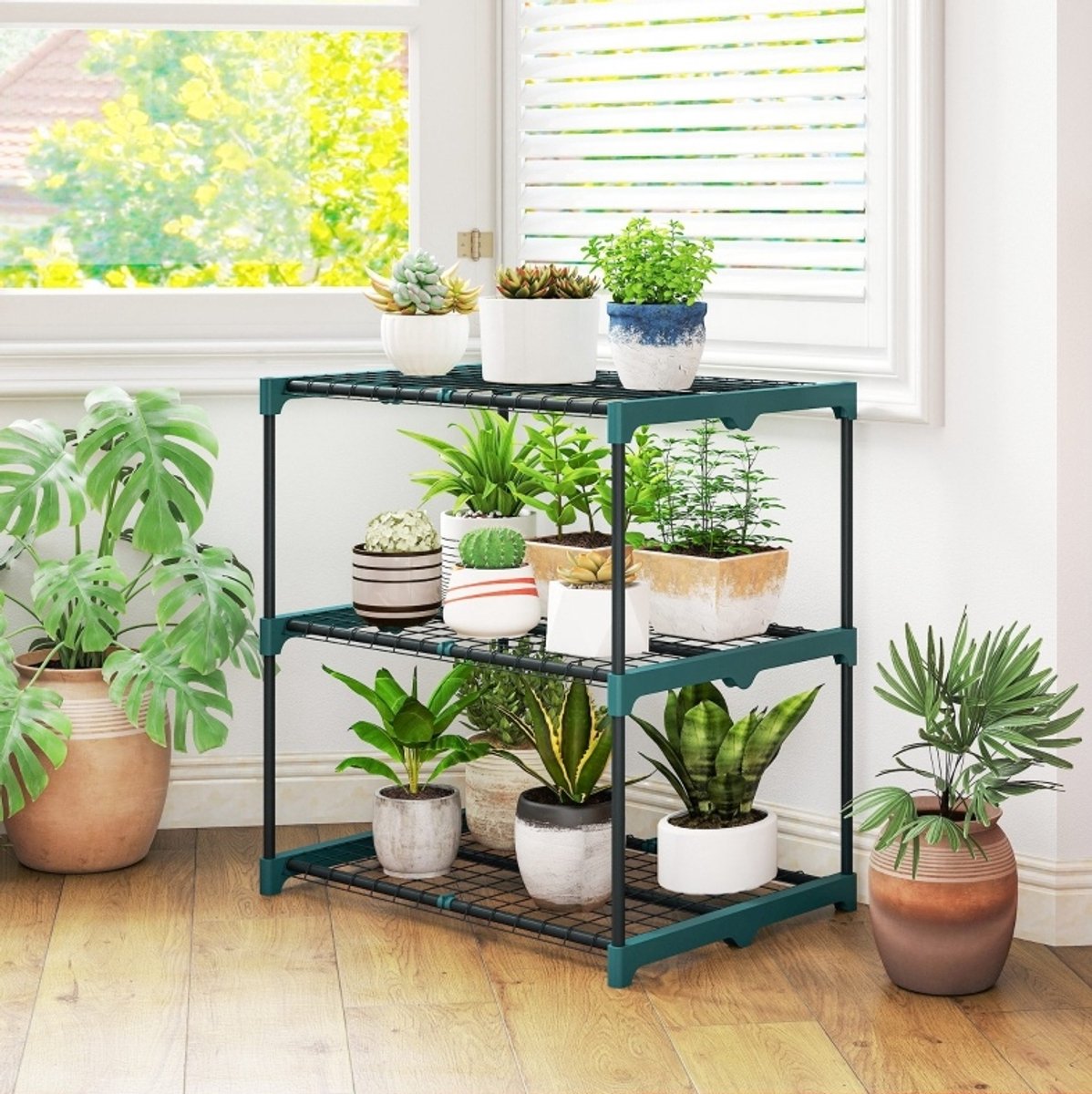MIVRAY Plantenrek – 3 Etages Voor Verticale Ruimte – 68 x 49 x 72 cm – Staal en Kunststof – Donkergroen – Binnen en Buiten