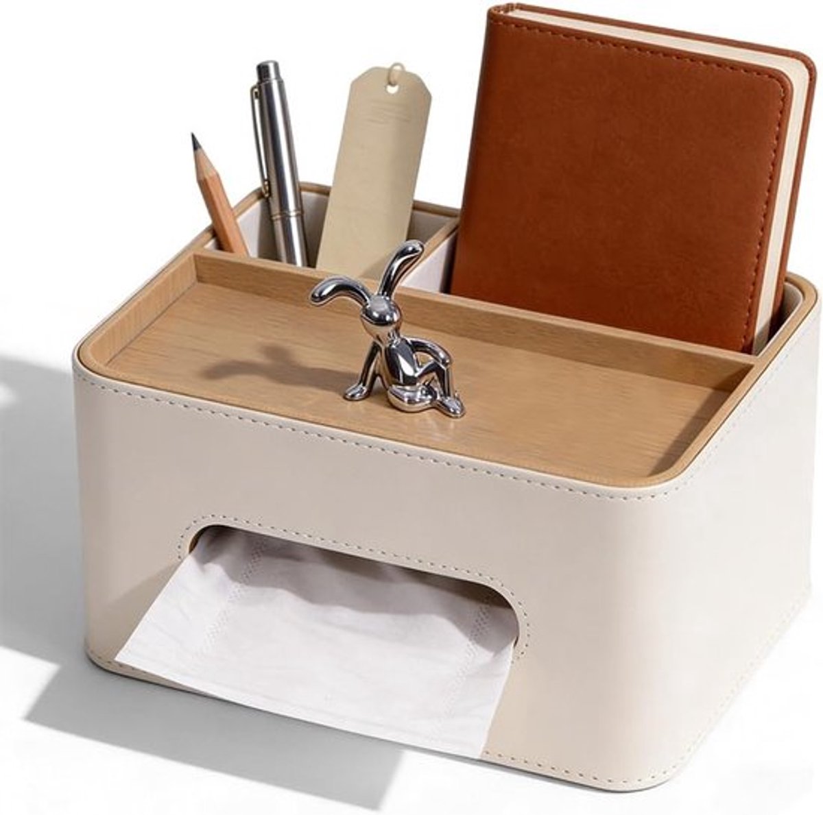 Multifunctionele Zakdoekenbox van PU Leer met 2 Compartimenten en Opbergruimte voor Woonkamer, Kantoor en Slaapkamer