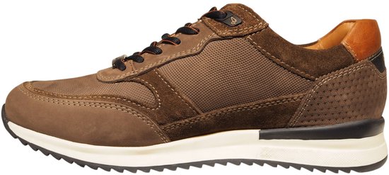 Bruine suède en mesh sneaker met oranje accenten, "Australian" logo en witte zool.