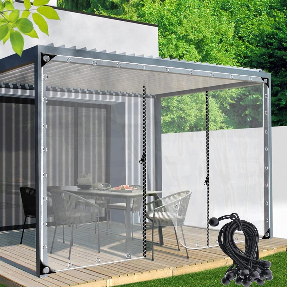 Transparant PVC Zeil - Waterdicht Gordijn - Buitenruimte Afschermen - Met Rits Deur - 4x3.5m - Transparant