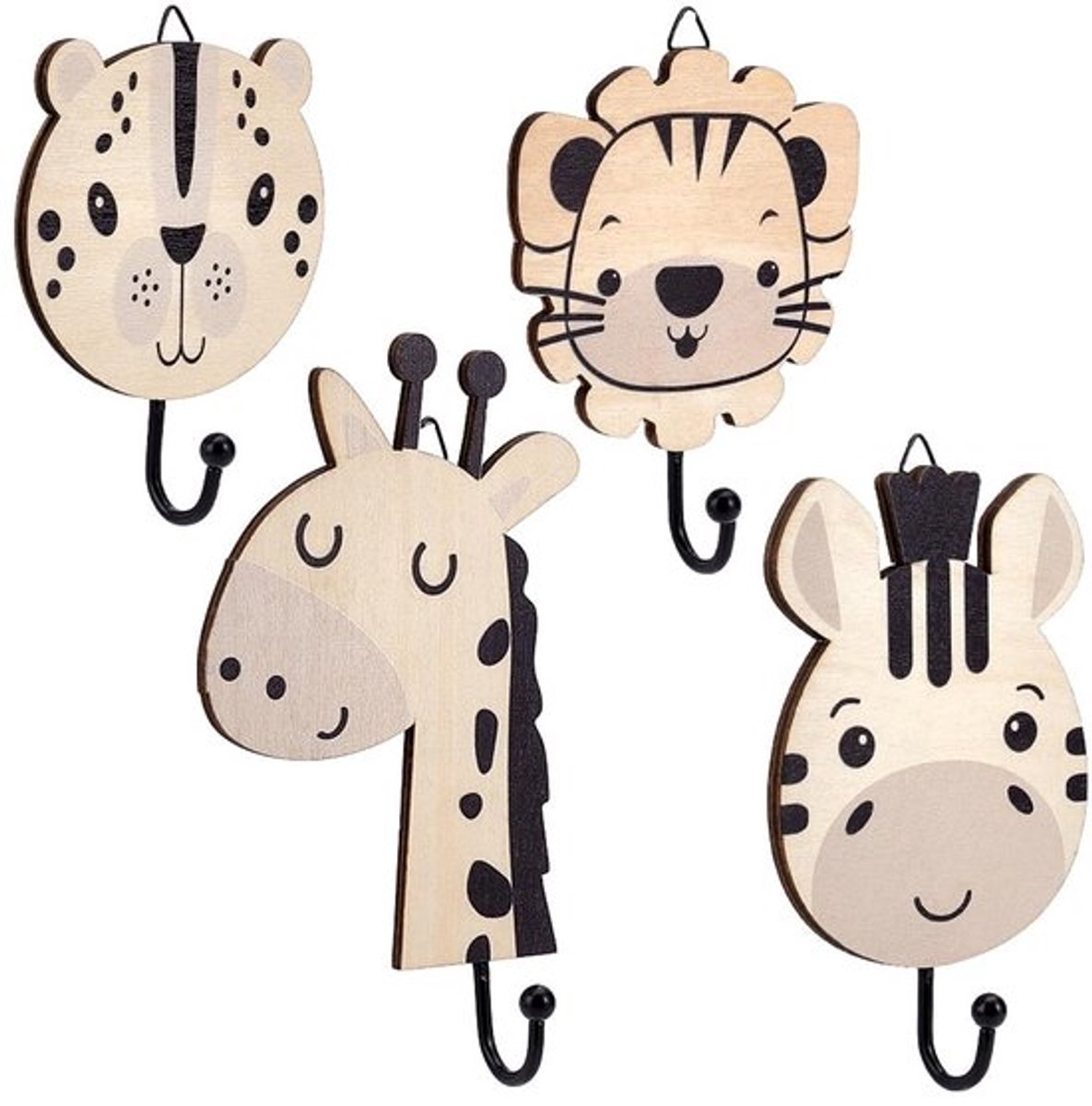 Wandhaken 4 Stuks Set - Decoratieve Houten Wandhaken - Dieren Wandhaken - Handdoekhouder - Interieurdecoratie - Afmetingen 116-165 mm - Wandhaakjes
