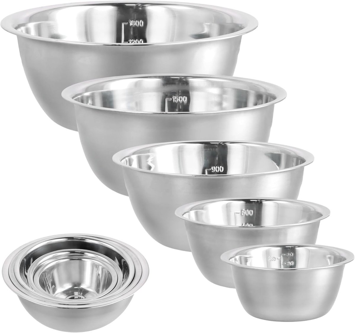 Mixkom Set van 5 Stuks RVS met Meetmarkeringen, Veelzijdige Kommen voor Soep, Bakken, Salades en Snacks (14/16/20/22/24cm)