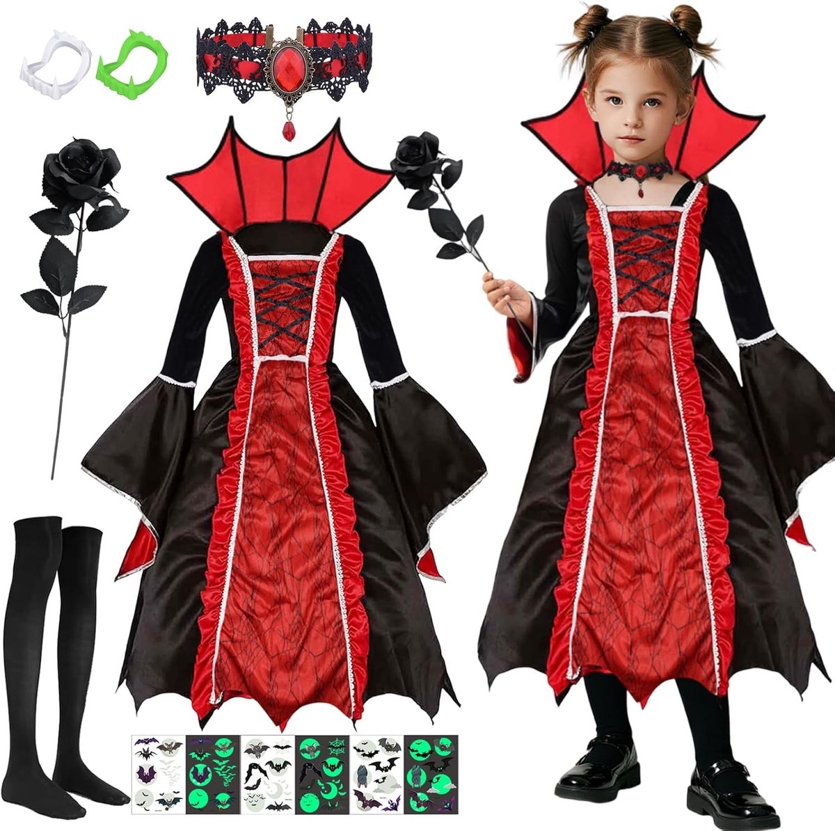 Zesdelige Halloween Kostuum voor Meisjes - Vampier Jurk, Rozen Kostuum, Vampier Tanden en Accessoires voor Kinderen