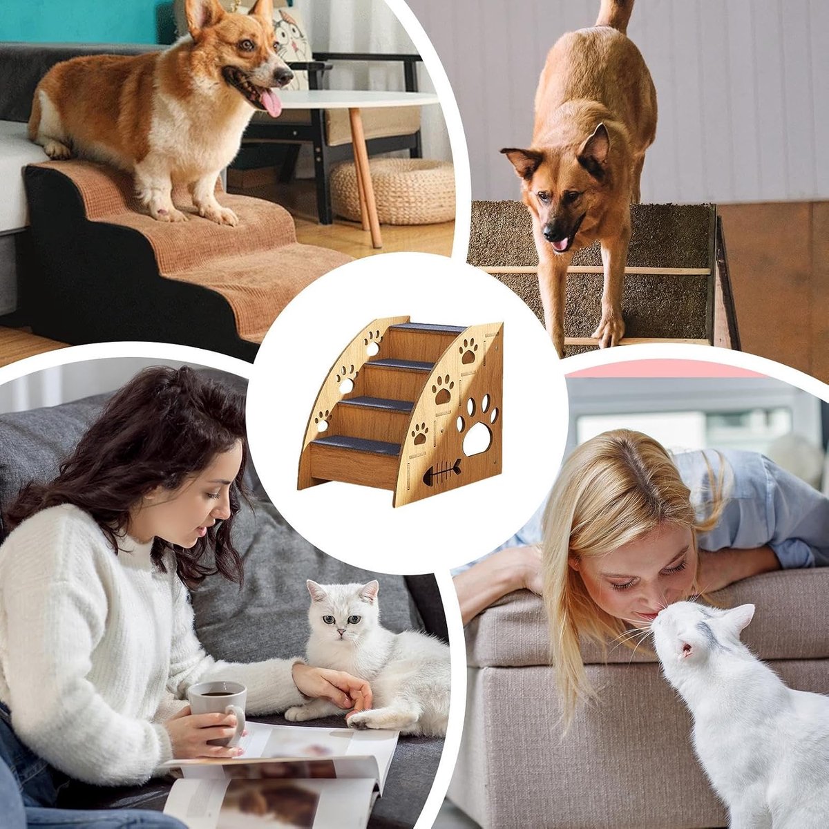 Houten Hondentrap - Huisdier Klimladder - Ondersteuning Mobiliteit - Antislip Tapijt - 4 Lagen - Houtkleurig