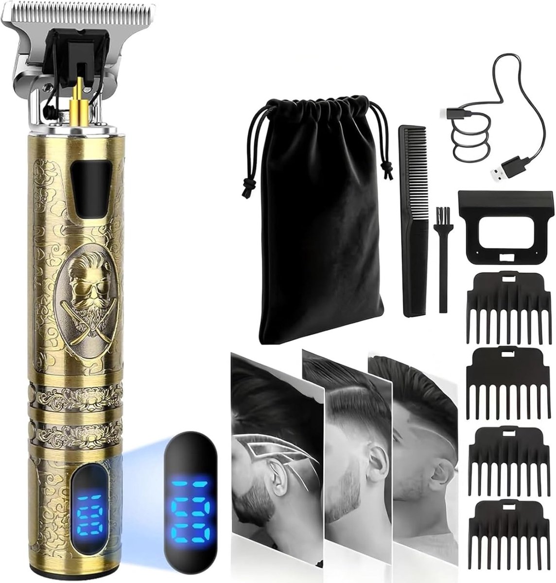 Trimmer voor mannen - Zwart - Draadloos met 4 opzetkammen (1,5-4 mm) - Roestvrijstalen messen - Professionele baard- en haarverzorging